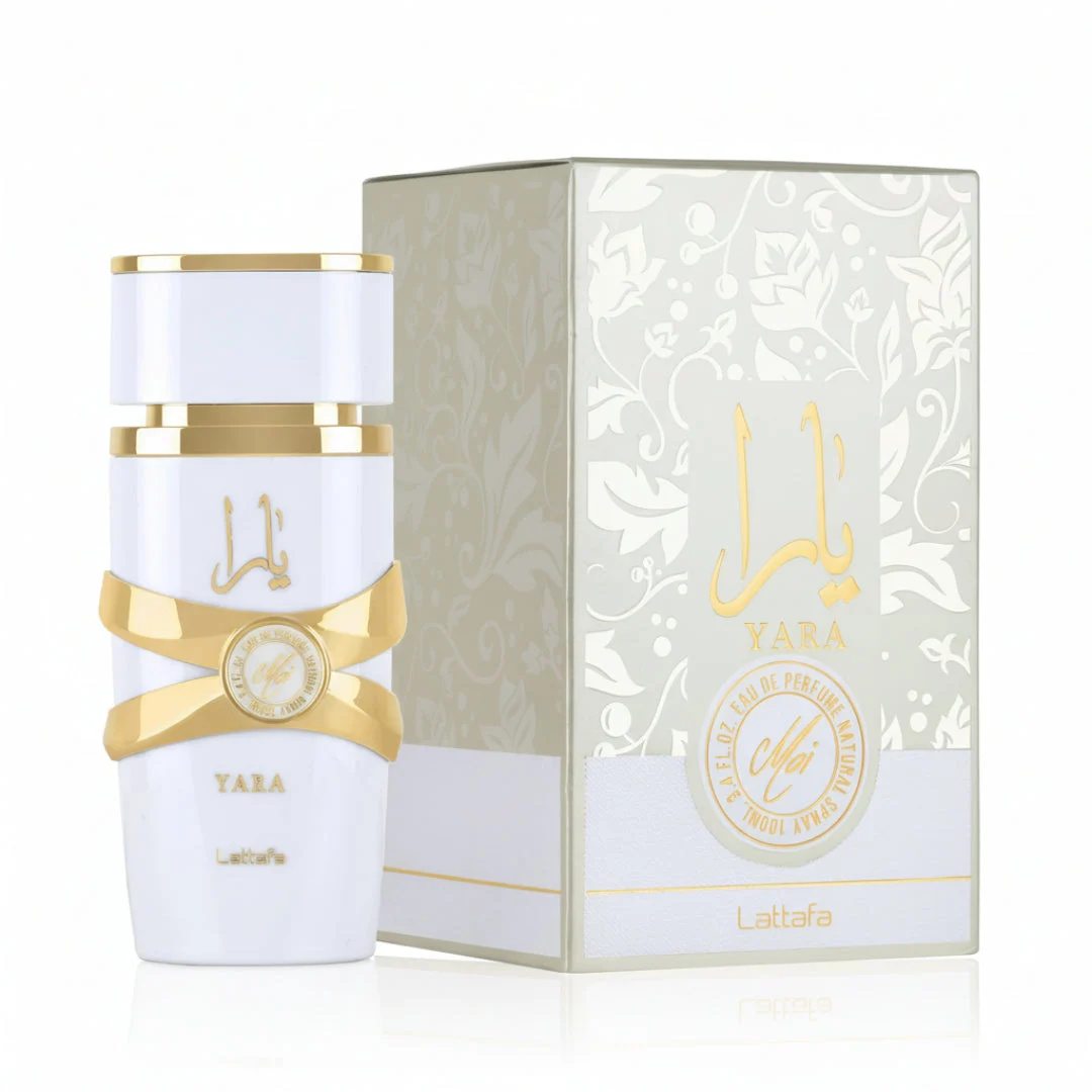 Yara Moi Lattafa perfume bottle and box white gold on clean background