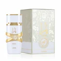 Yara Moi Lattafa perfume bottle and box white gold on clean background
