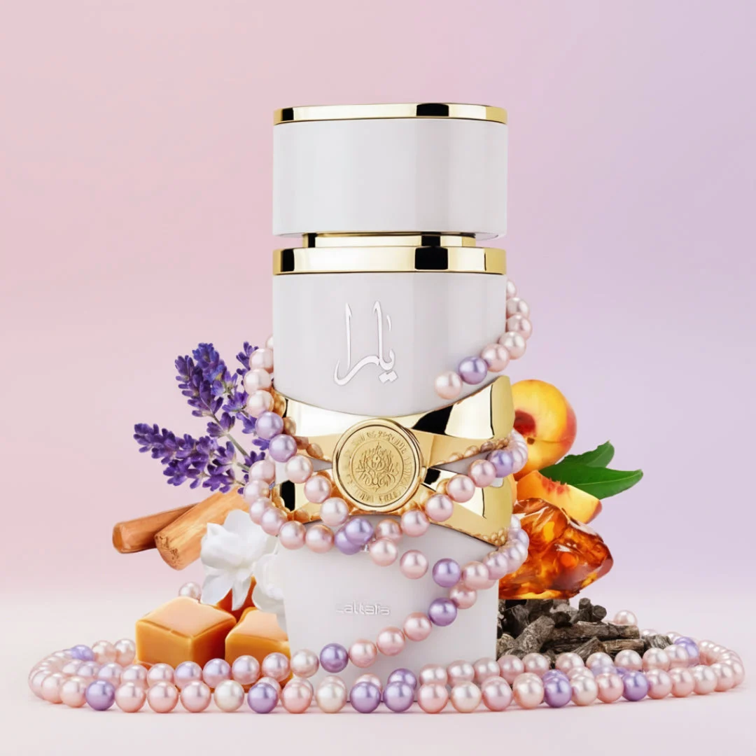 Yara Moi Lattafa edp surrounded beads flowers fruits pastel background closeup view side front