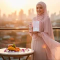 Woman in hijab holding Yara Lattafa edp fragrance on balcony overlooking cityscape at sunset