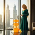 Woman in green dress holding Yara Tous Lattafa orange fragrance on table KL Twin Towers