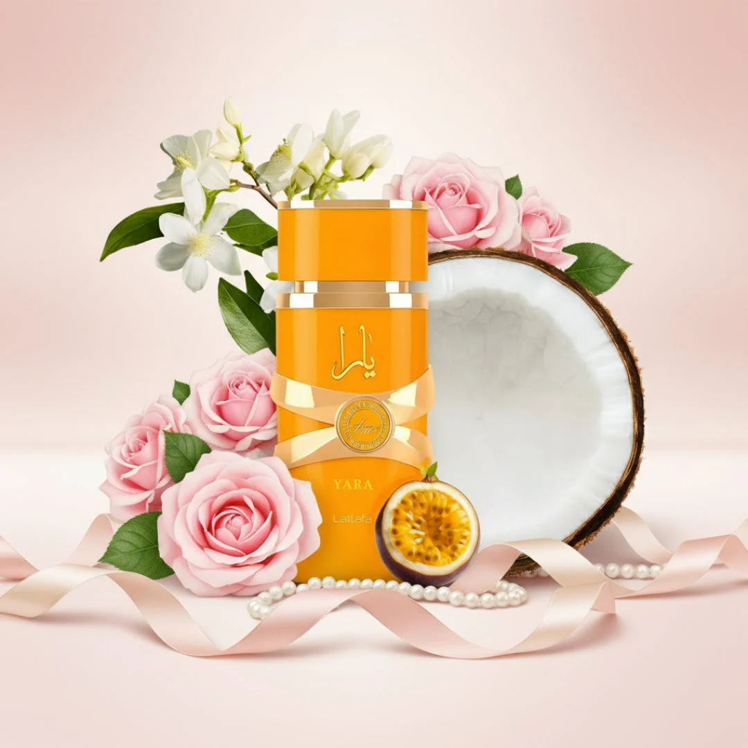 Yara Tous Lattafa orange fragrance surrounded flowers coconut pearls ribbon soft pink background closeup