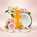 Yara Tous Lattafa orange fragrance surrounded flowers coconut pearls ribbon soft pink background closeup