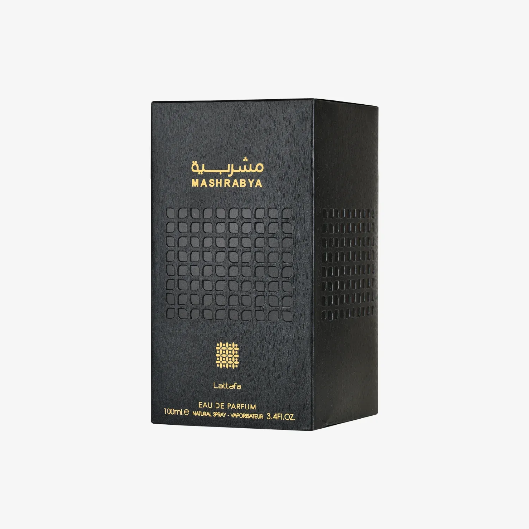 Mashrabya Lattafa edp packaging white background closeup front side cornered view