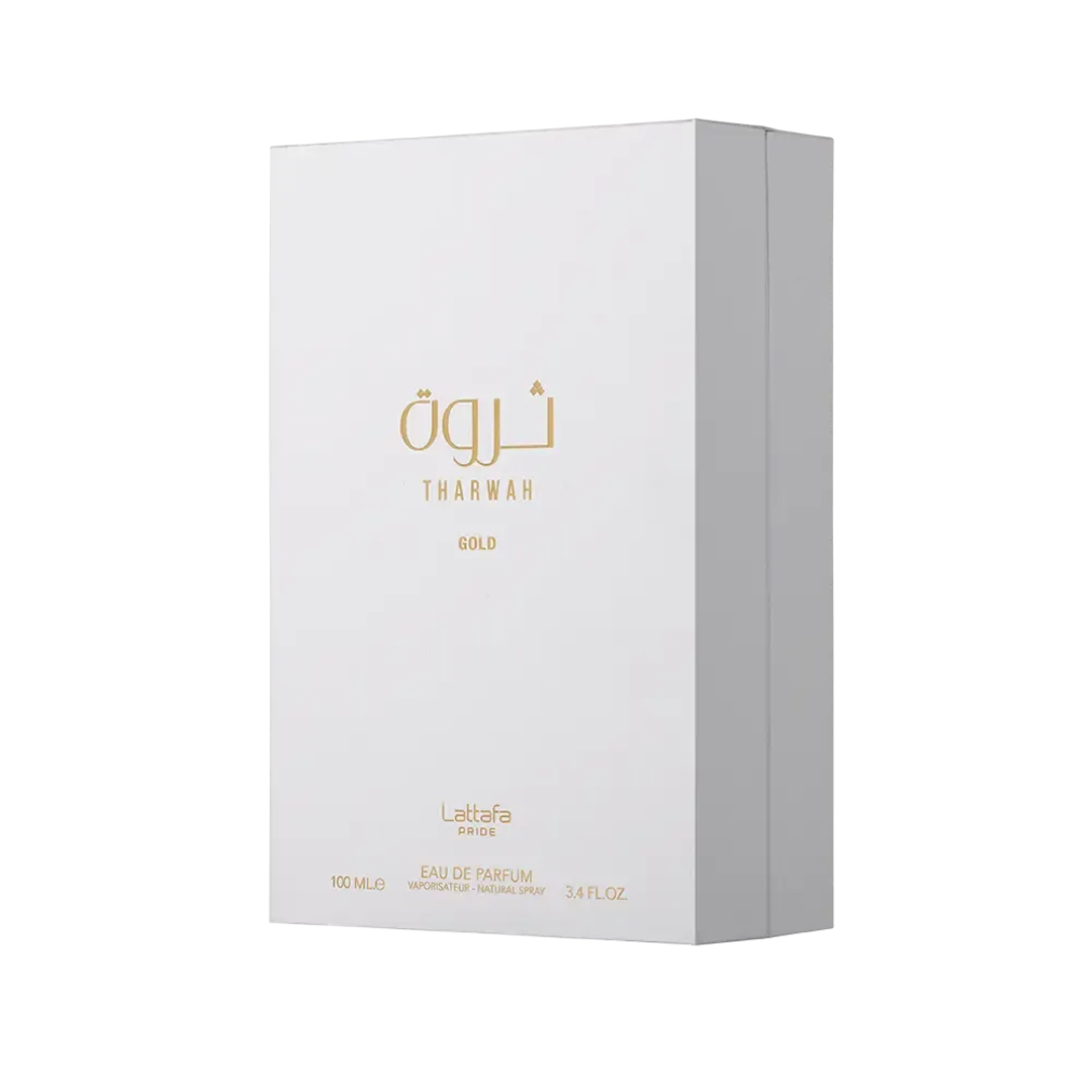 Tharwah Gold Lattafa Pride edp packaging white angled slightly right showing details clearly