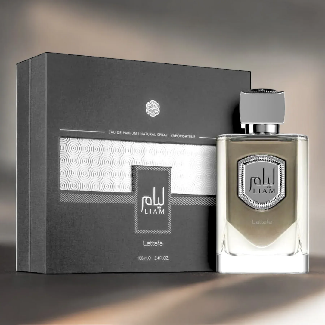 Liam Grey Lattafa edp sleek glass packaging next dark gray gift box