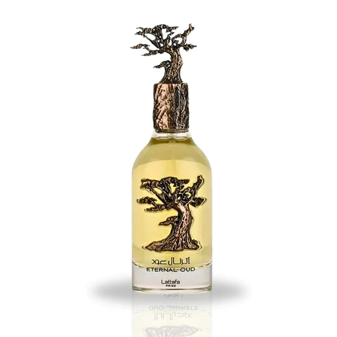 Eternal Oud Lattafa Pride perfume bottle white background closeup front side glass