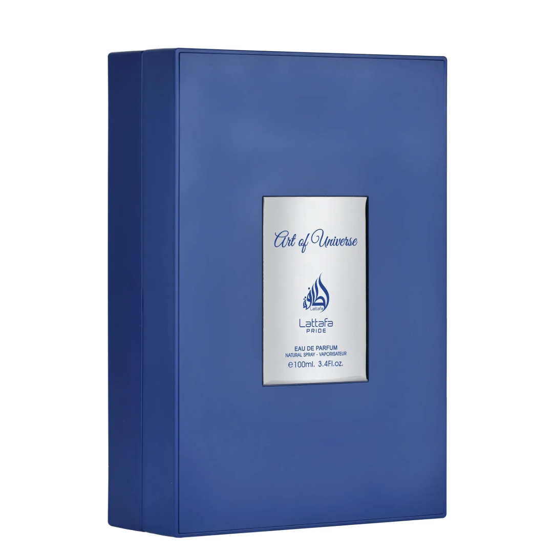 Art of Universe Lattafa Pride edp pembungkusan biru latar putih sudut sisi
