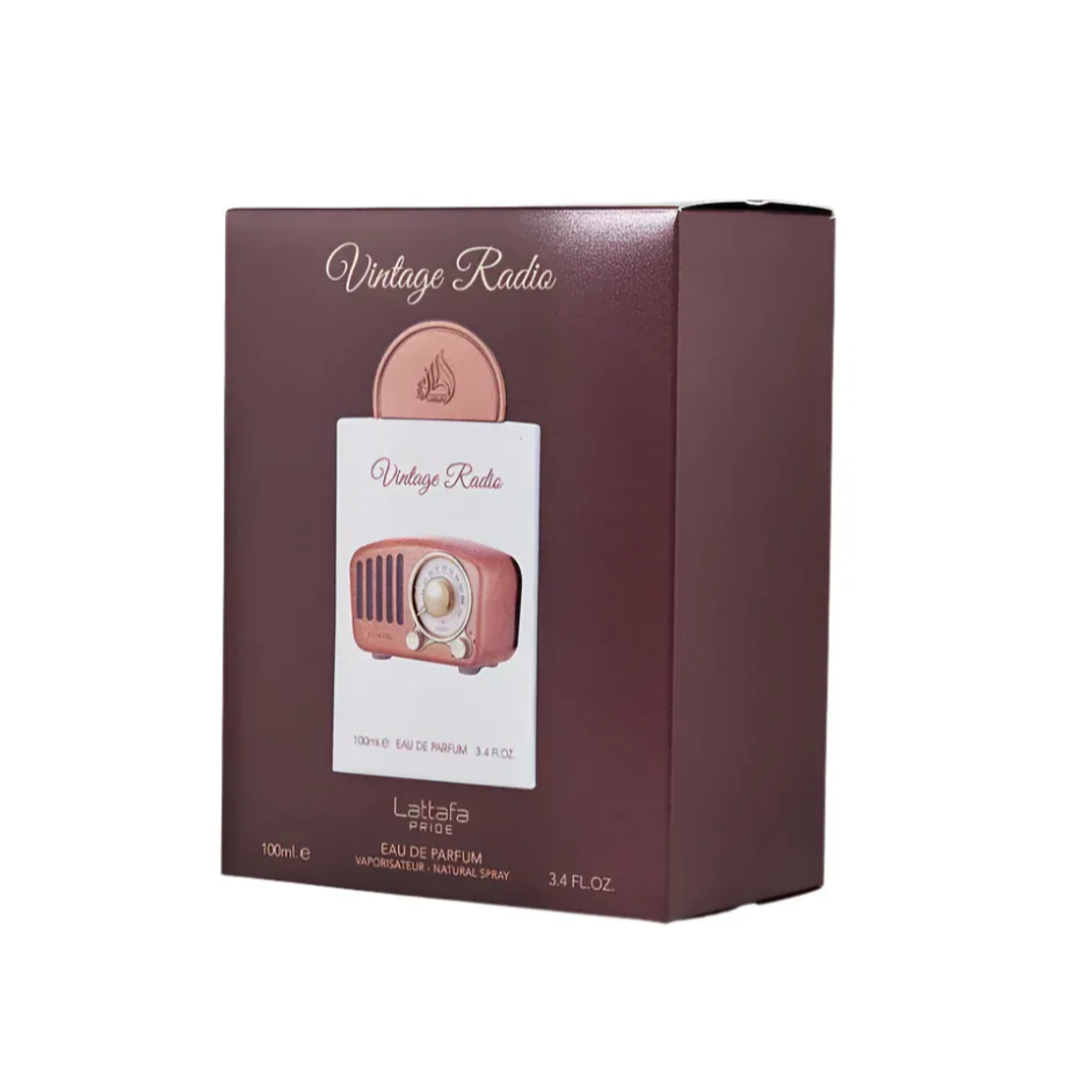 Lattafa Pride Vintage Radio edp packaging in brown colour on white background closeup view side angle