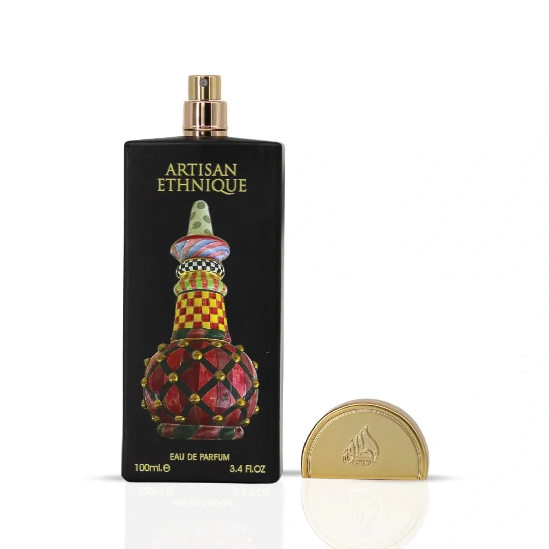 Artisan Ethnique Lattafa Pride edp hitam segiempat penutup emas tin bulat kecil