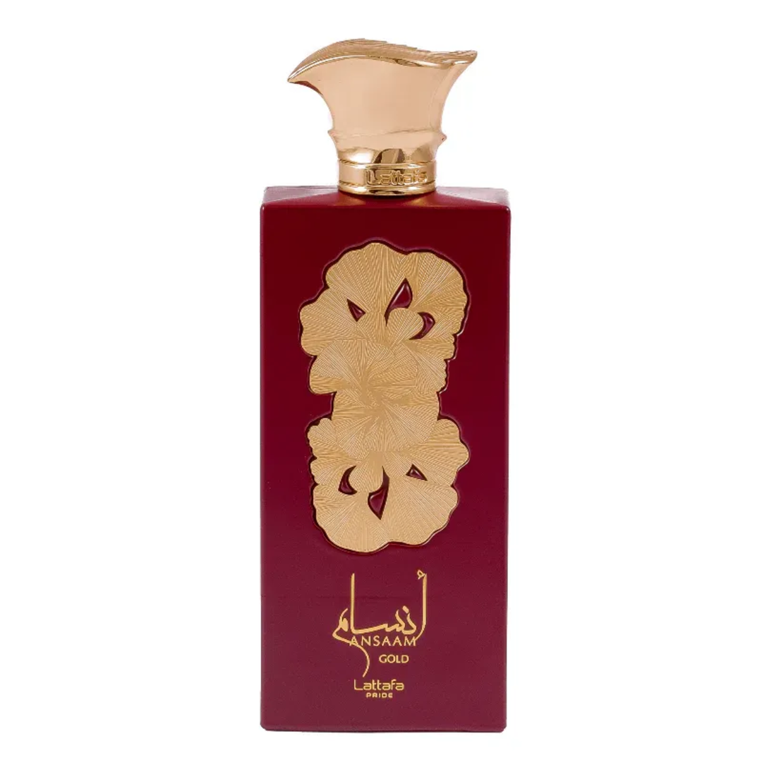 Ansaam Gold Lattafa Pride red rectangular cologne elegant packaging white background closeup