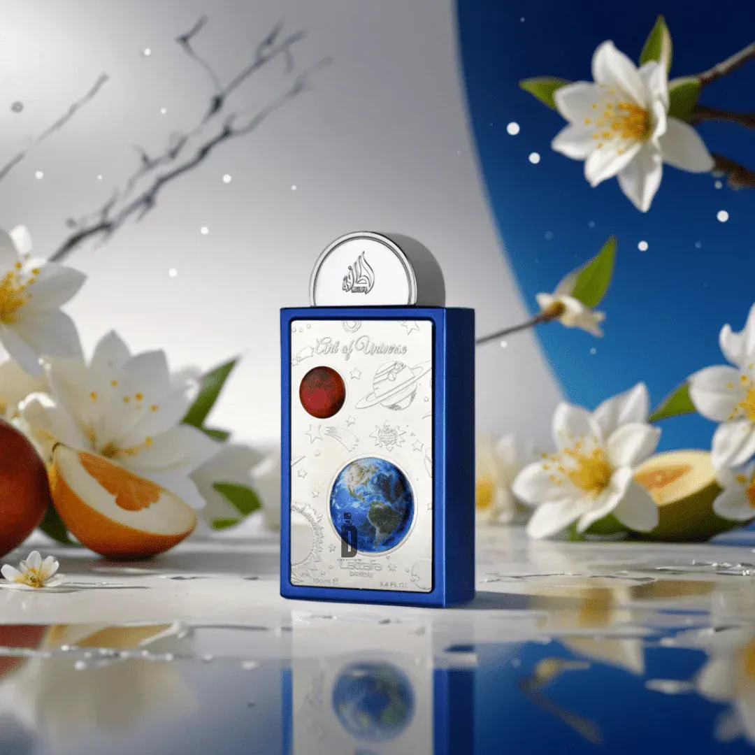 Art of Universe Lattafa Pride edp bunga putih pembungkusan biru mengkilat