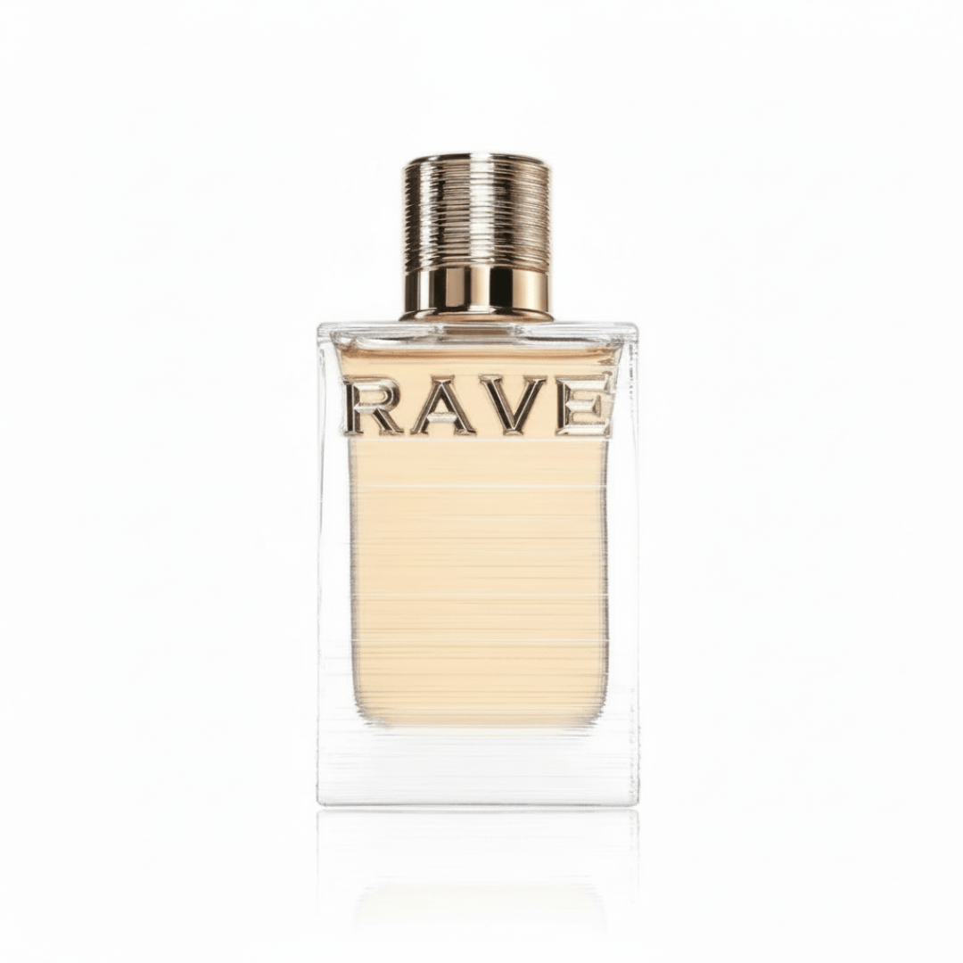 Au Soleil Rave edp clear rectangular glass bottles white background closeup