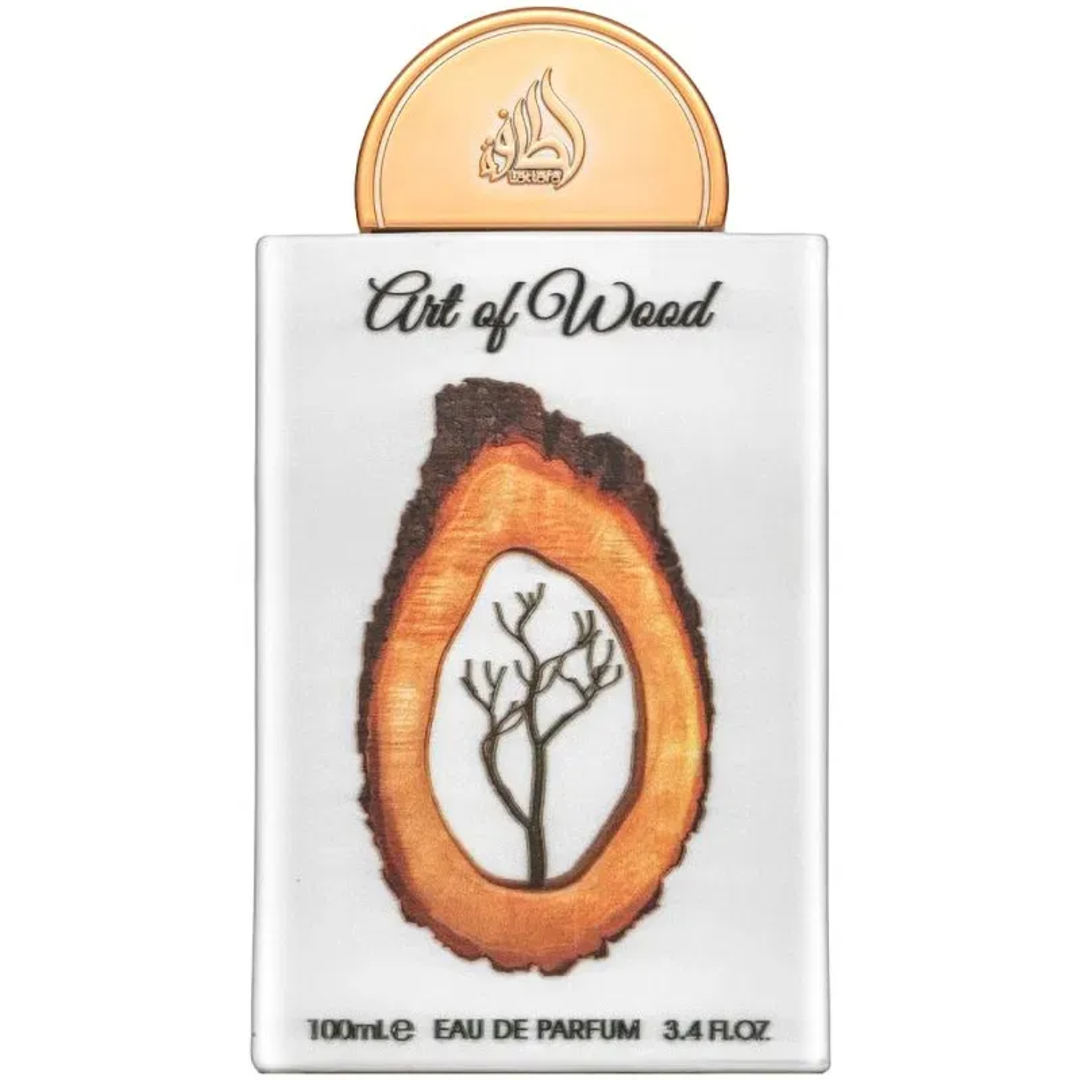 Art of Wood Lattafa Pride edp pembungkusan latar putih sudut sisi