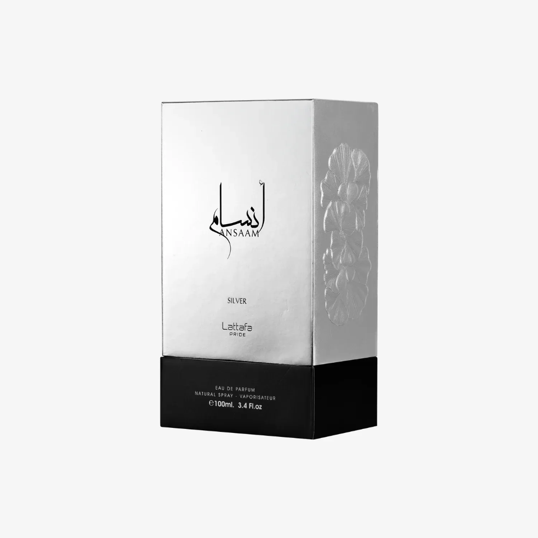 Ansaam Silver Lattafa Pride edp pembungkusan latar putih sudut sisi depan