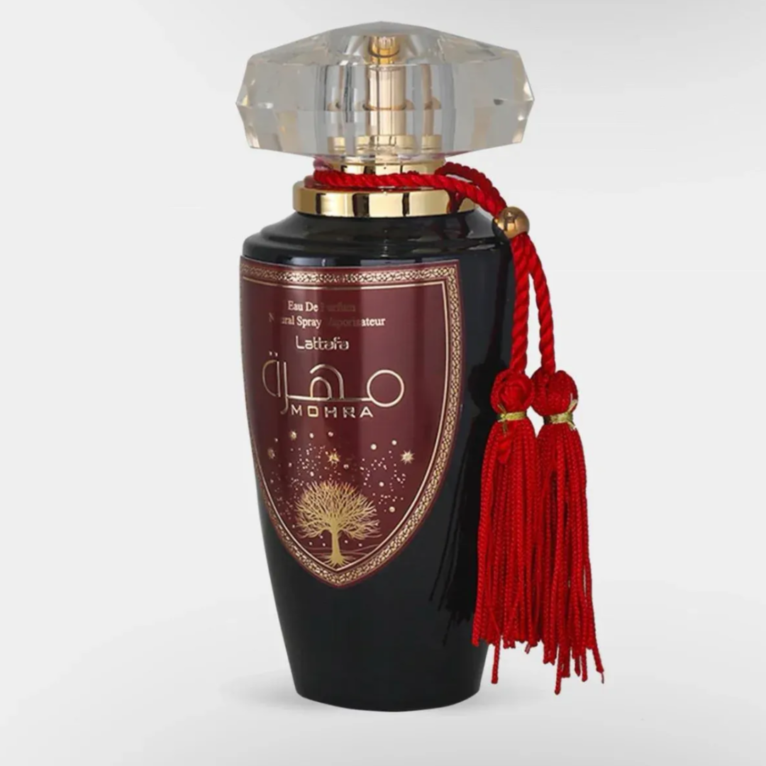 Mohra Lattafa edp botol hitam, tali merah mewah, dekat depan