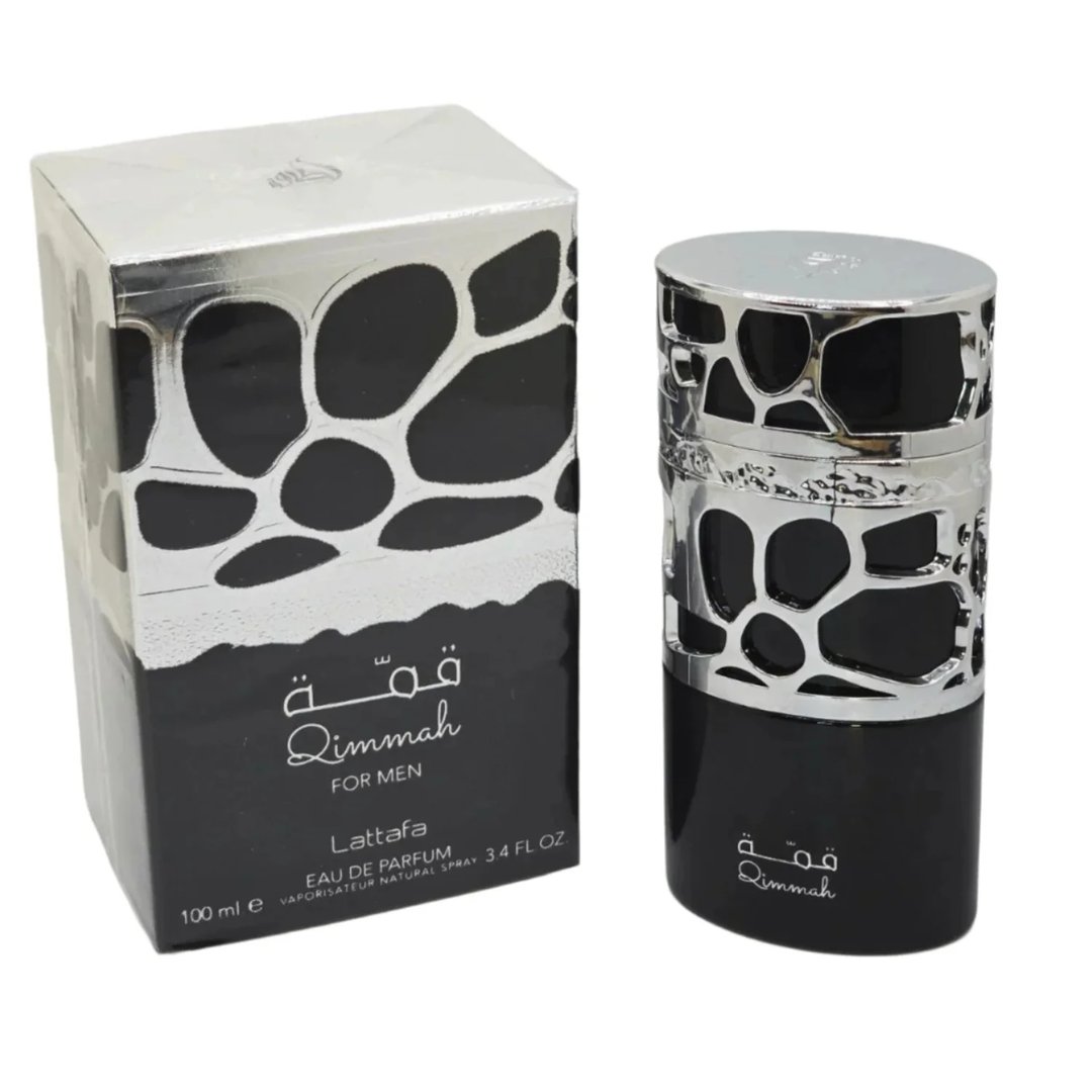 Lattafa Qimmah Eau De Parfum for Men 100ml — A black and silver perfume box with a pattern of irregular black shapes on a silver background, next to a black perfume bottle with a silver cap featuring a similar pattern. | Lattafa Qimmah Eau De Parfum for Men 100ml — Kotak minyak wangi hitam dan perak dengan corak