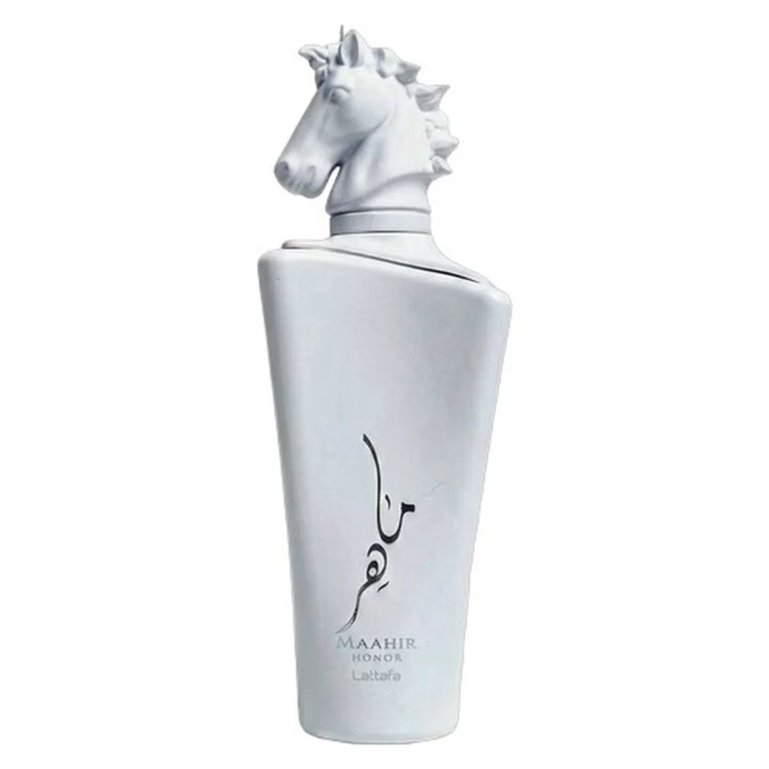 Lattafa Maahir Honor 100ml by Lattafa — White perfume bottle with a horse head stopper, tied with a white ribbon, inside an open white box with a cutout flap | Lattafa Maahir Honor 100ml by Lattafa — Botol minyak wangi putih dengan penutup kepala kuda, diikat dengan reben putih, di dalam kotak putih terbuka dengan