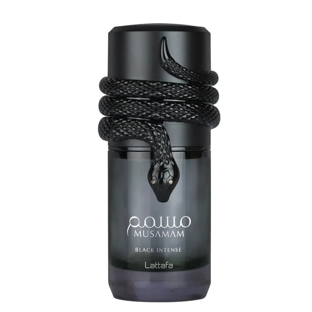 Lattafa Musamam Black Intense 100ml by Lattafa — Black snake coiled around a dark perfume bottle, with a textured black case in the background. | Lattafa Musamam Black Intense 100ml by Lattafa — Ular hitam melilit botol minyak wangi gelap, dengan bekas bertekstur hitam di latar belakang.