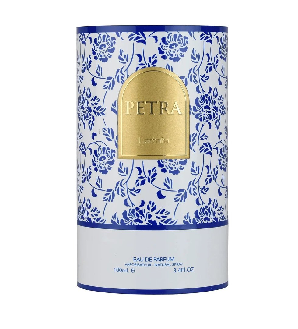 Lattafa Petra edp, botol corak bunga biru emas, kotak putih