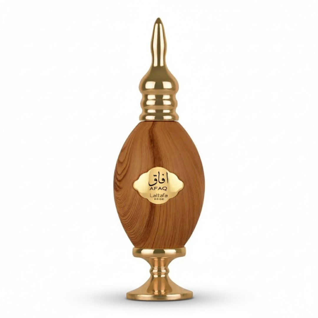 Afaq Gold Lattafa edp wooden bottle white background studio