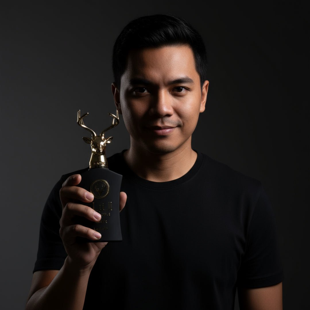 Lelaki pegang Al Noble Ameer Lattafa botol hitam EDP sudut depan