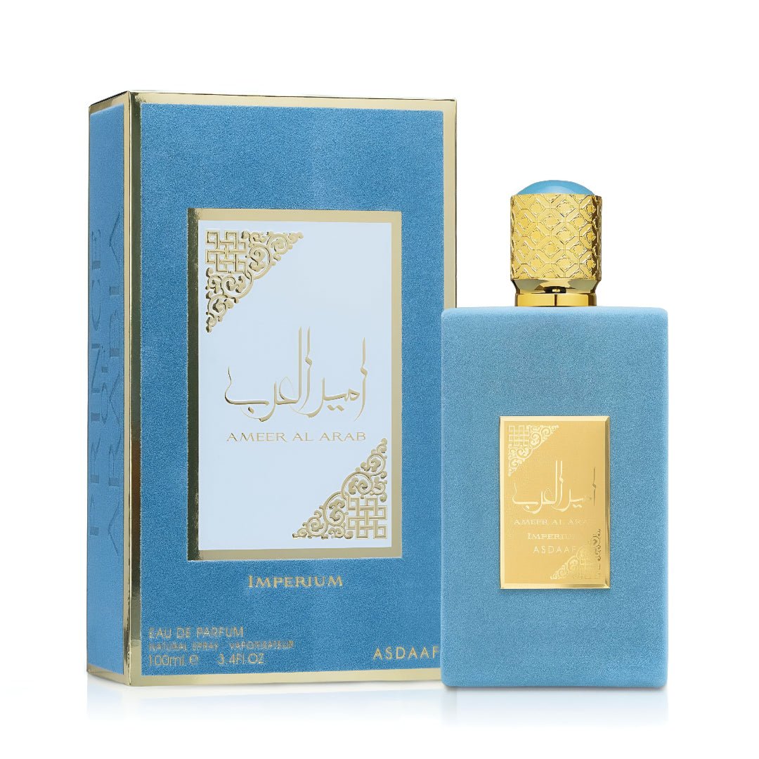 Ameer Al Arab Imperium edp lelaki pembungkusan segi empat biru dekat depan