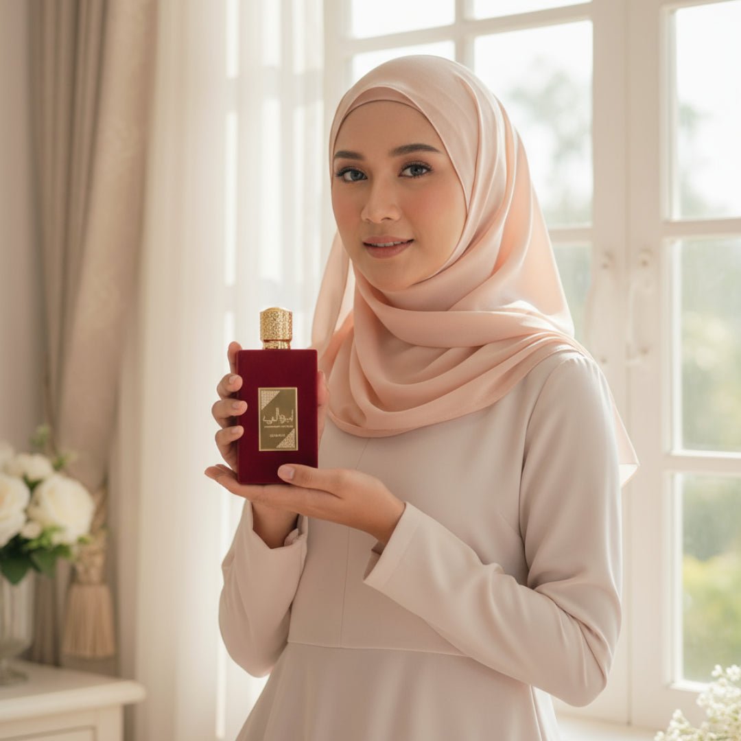 perempuan berhijab pegang Ameerat Al Arab Lattafa merah emas dekat depan