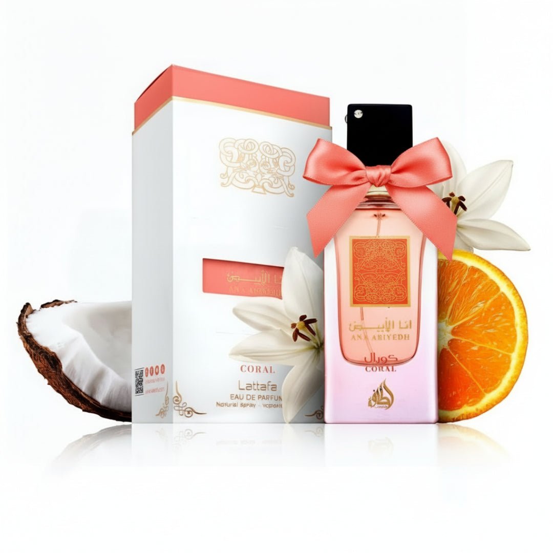 Ana Abiyedh Coral Lattafa edp bunga putih oren kelapa kotak pink