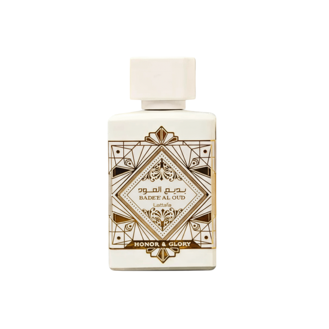 Badee Al Oud Honor Glory Lattafa white gold elegant rectangular glass bottle closeup