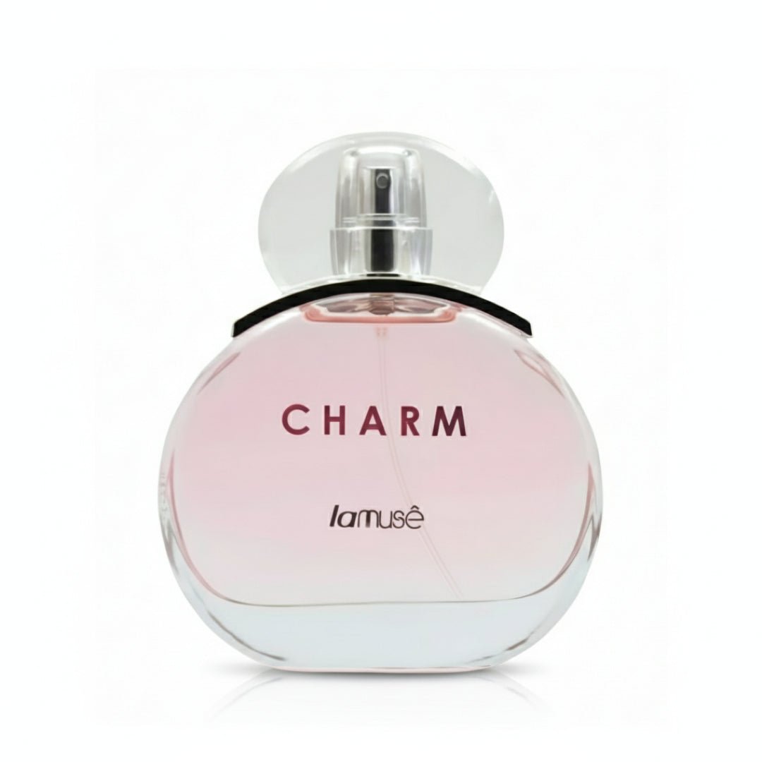 Charm LaMuse Lattafa botol edp latar belakang putih perfume perempuan mewah
