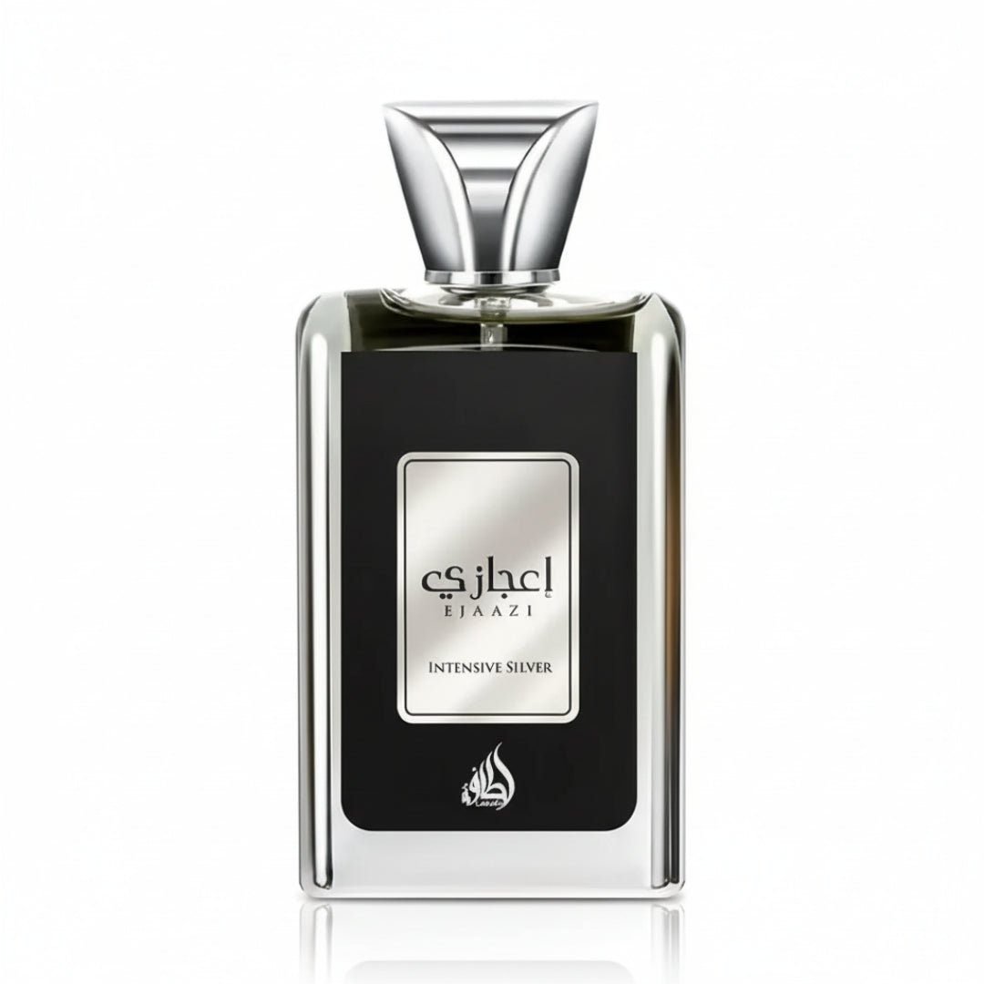 Ejaazi Intensive Lattafa silver sleek black glass rectangular unisex bottle closeup front