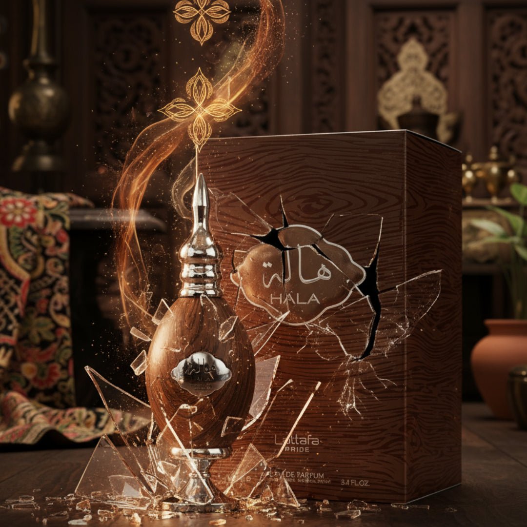 botol perfume Hala Lattafa dalam kotak kayu, serpihan kaca meletup, asap naik