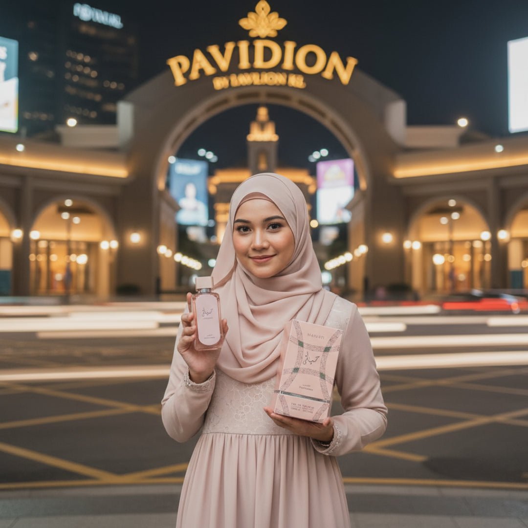 Woman in hijab holding Hayaati Florence Lattafa edp night outdoors city