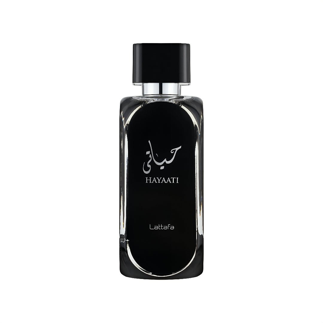 Hayaati Men Lattafa edp spray segi empat hitam latar putih dekat sudut