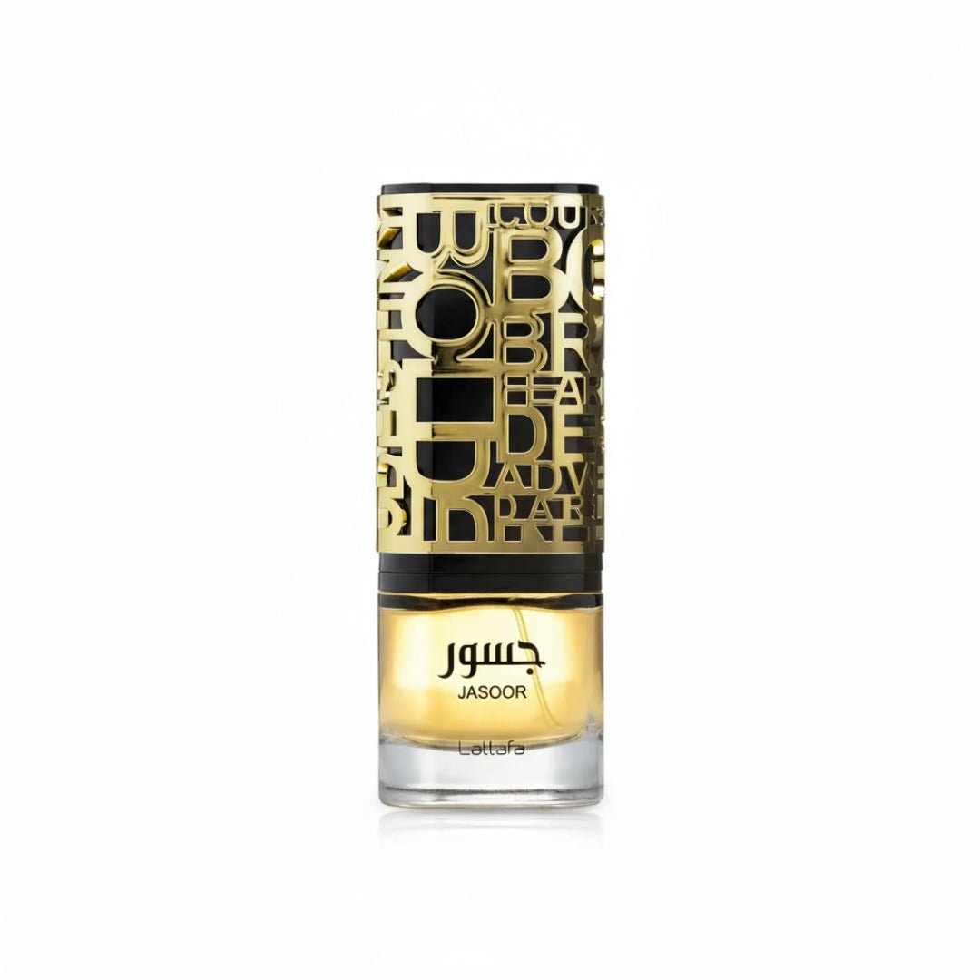 Jasoor Lattafa perfume unisex glass bottle yellow gold minimalistic design closeup front