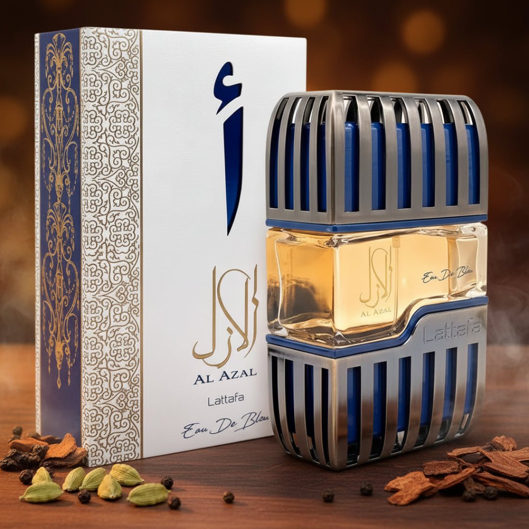 Al Azal Lattafa edp botol biru perak atas meja kayu, rempah