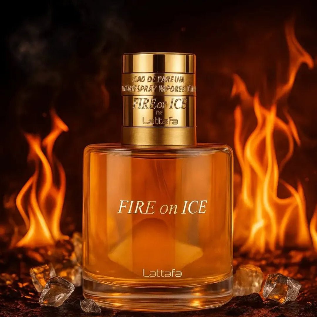 Fire On Ice Lattafa botol depan latar belakang berapi keliling kepingan kaca