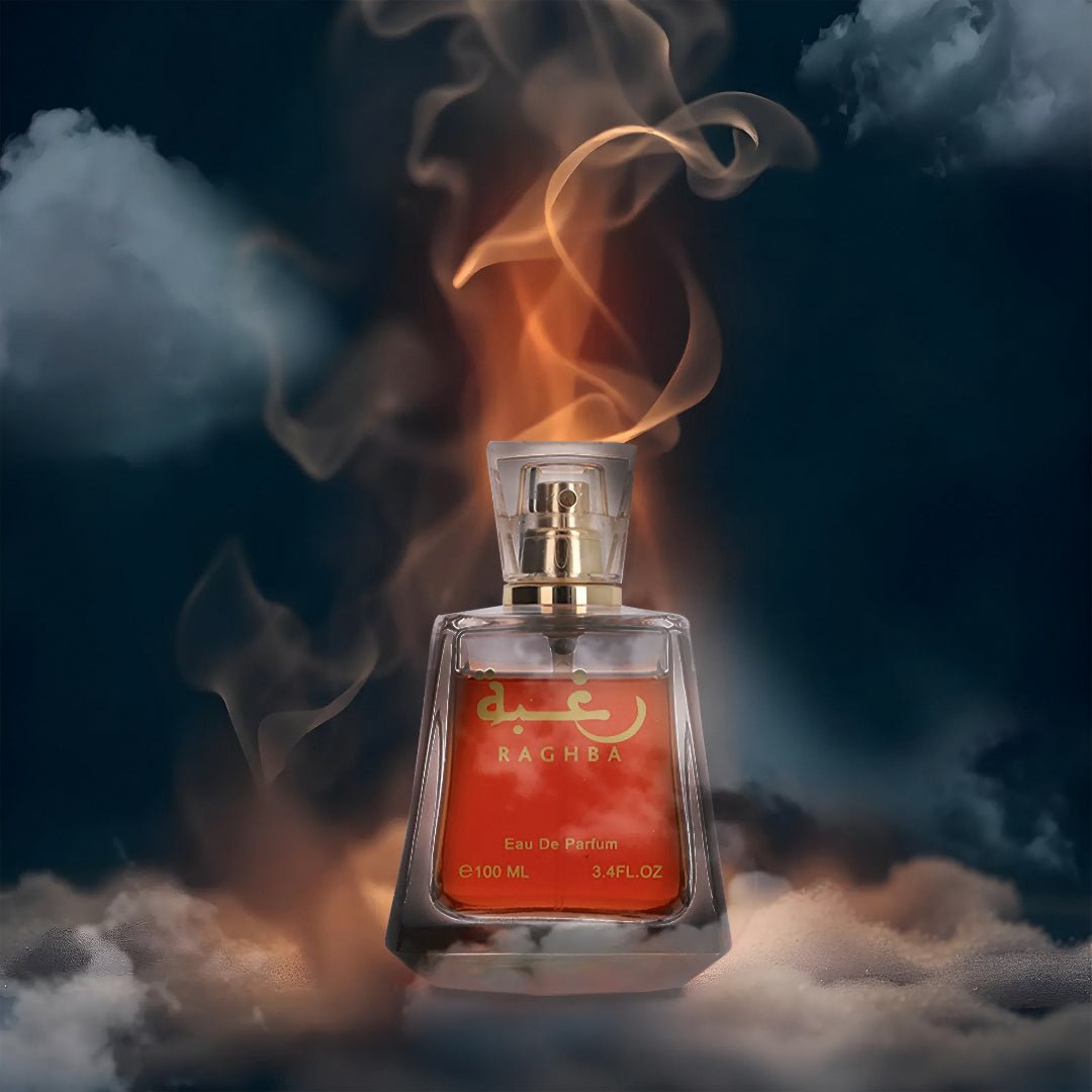 Dekat kaca jernih Raghba Lattafa edp unisex dikeliling asap gelap