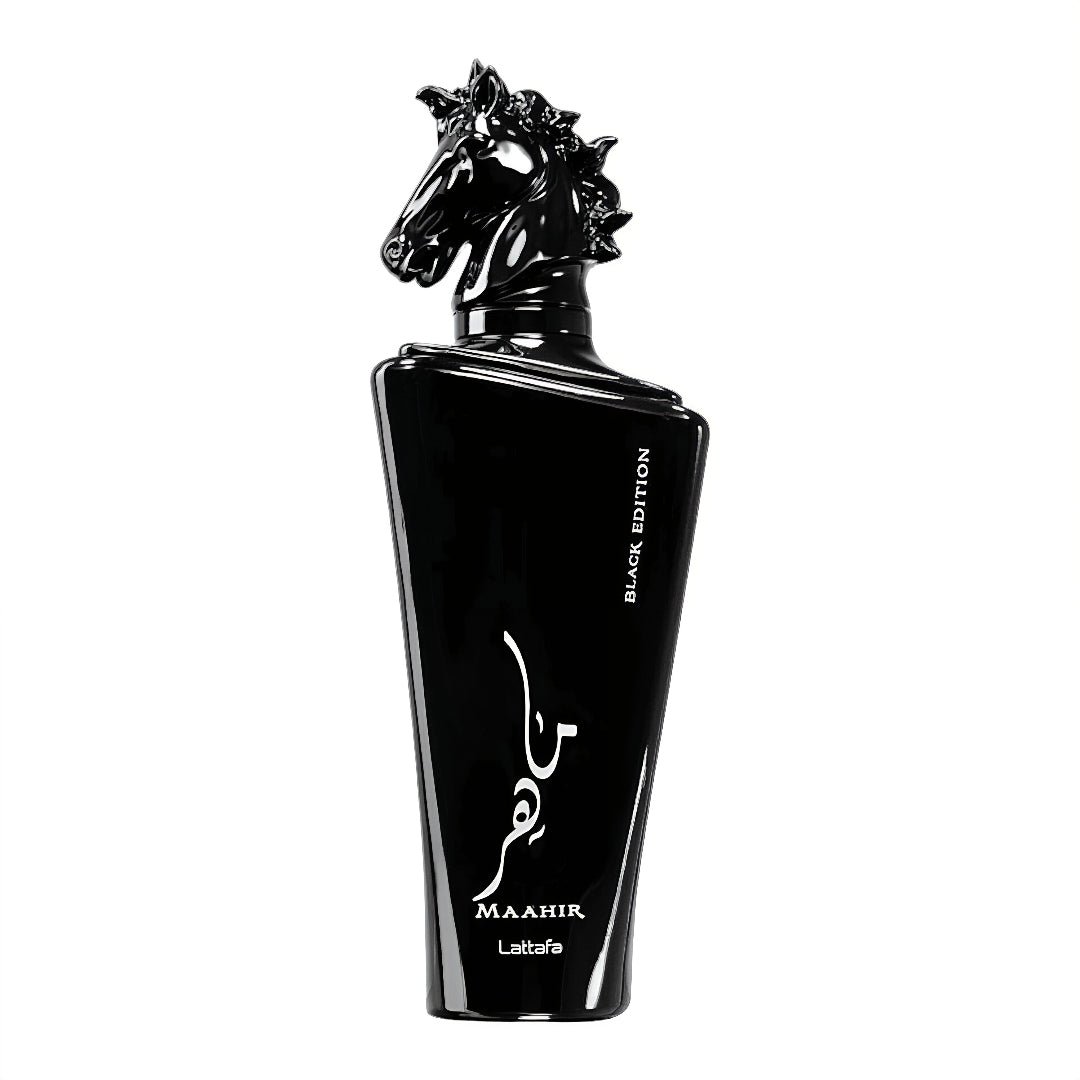 Maahir Black Edition Lattafa black glossy cologne sleek rectangular glass container closeup