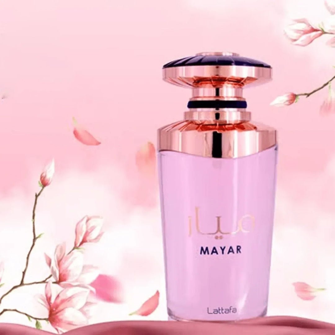 Mayar Lattafa edp perfume botol ungu mewah latar bunga merah muda jatuh