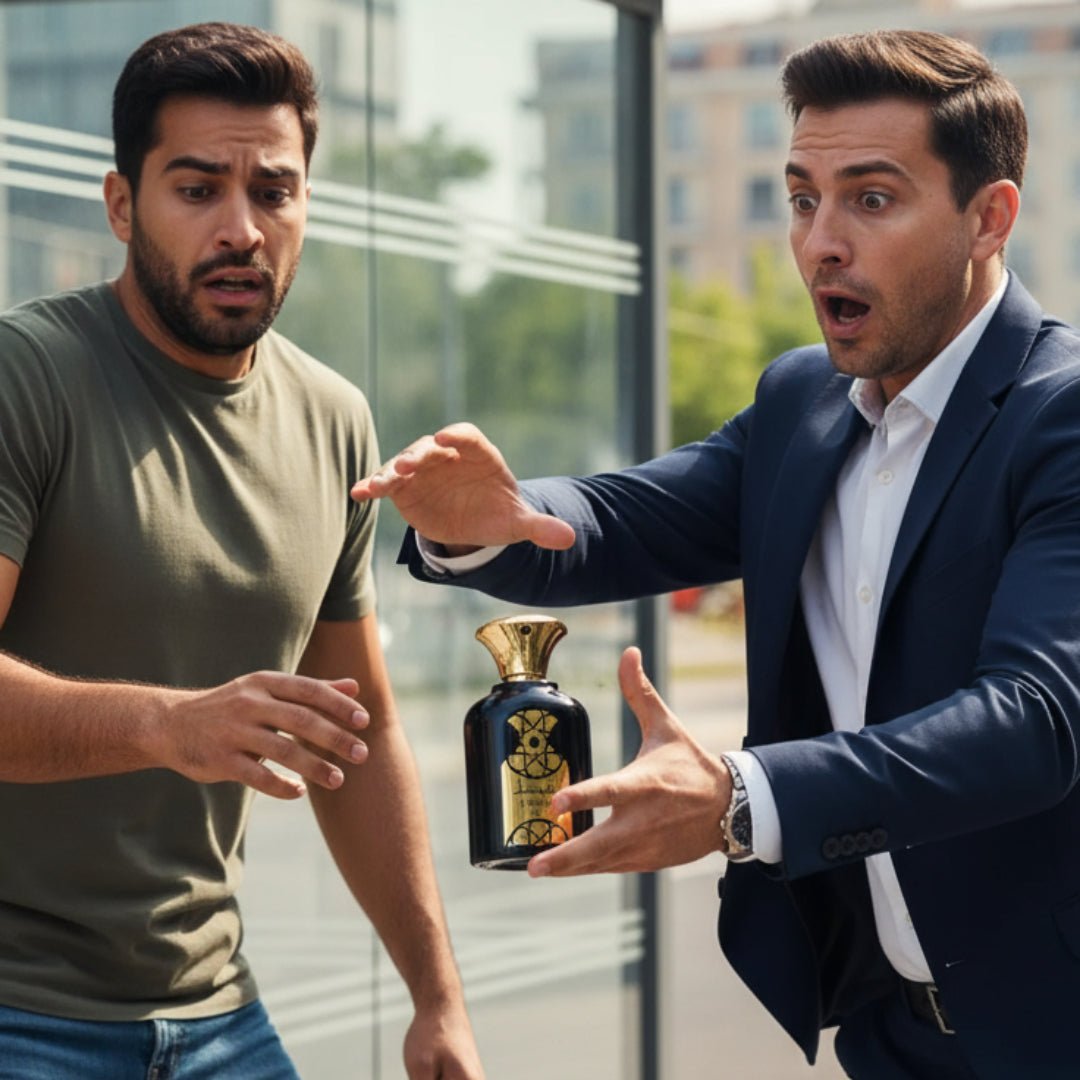Man in suit holding Nasheet Lattafa black gold unisex edp fragrance close up outdoors