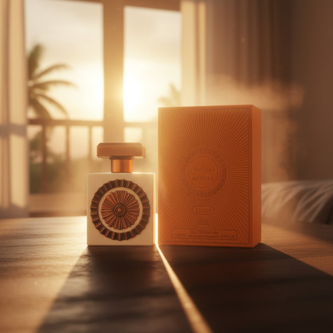 Nebras Elixir Lattafa perfume botol & kotak meja kayu dekat tingkap petang