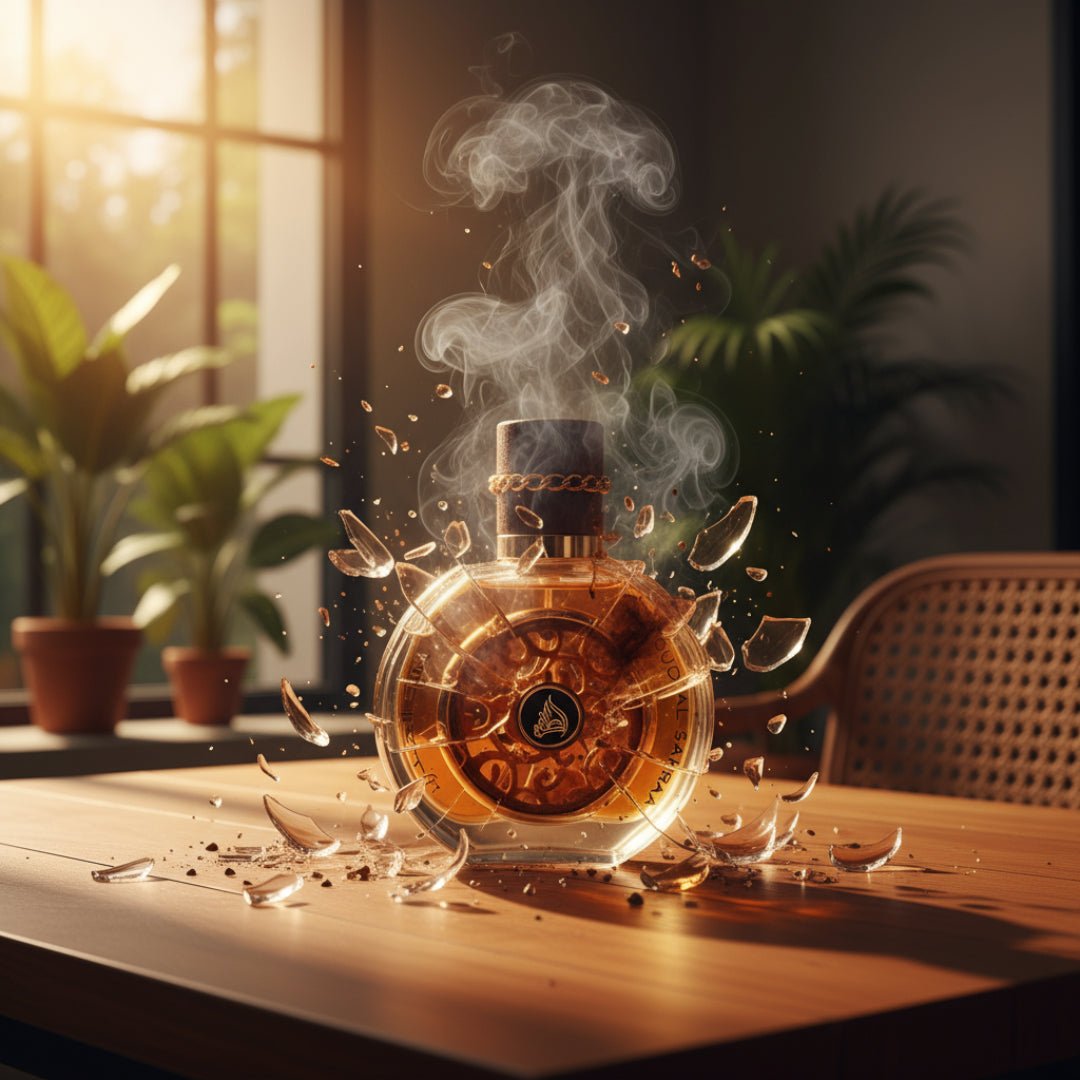 Oud Al Sahraa Lattafa unisex fragrance broken glass wooden table indoor smoke