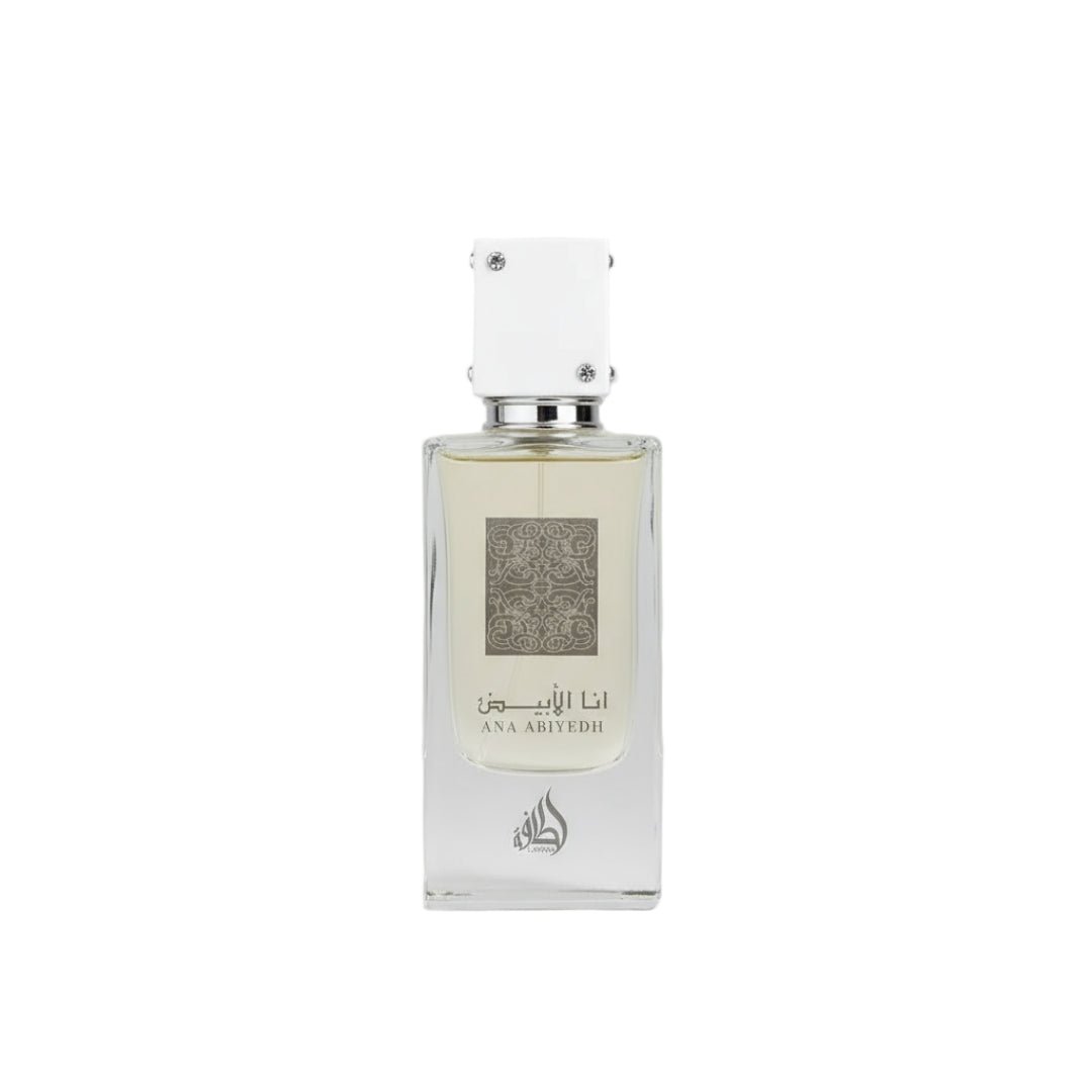 Ana Abiyedh Lattafa front clear glass rectangular bottle white cap silver accents