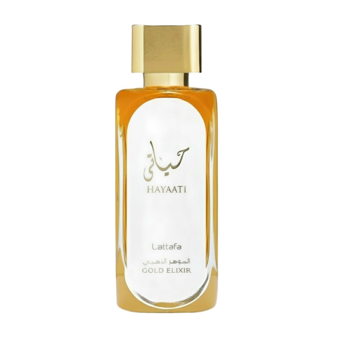 Hayaati Gold Elixir Lattafa fragrance unisex botol latar belakang putih dekat depan