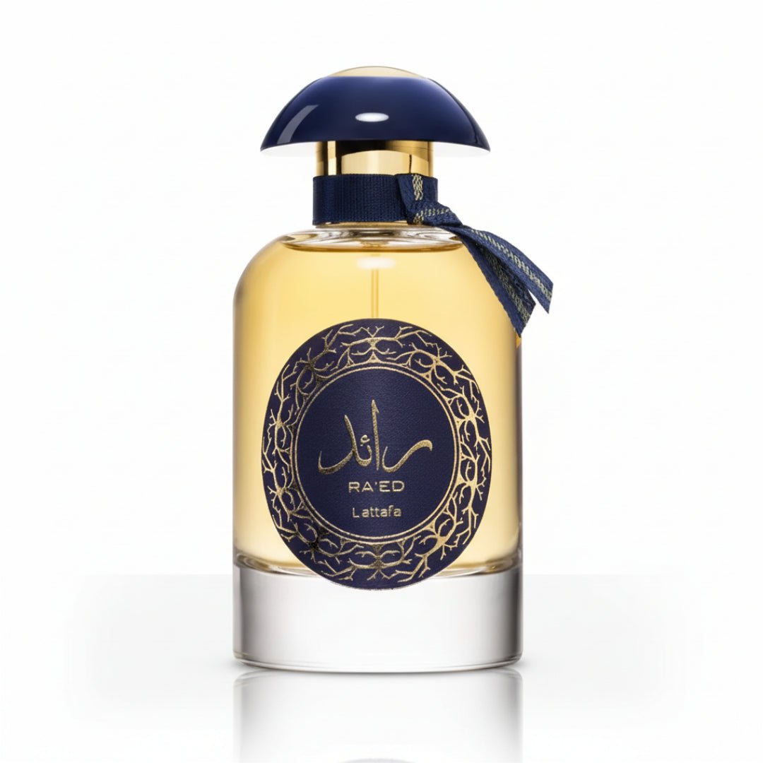 Raed Luxe Lattafa perfume bottle white background closeup view front side low angle shot