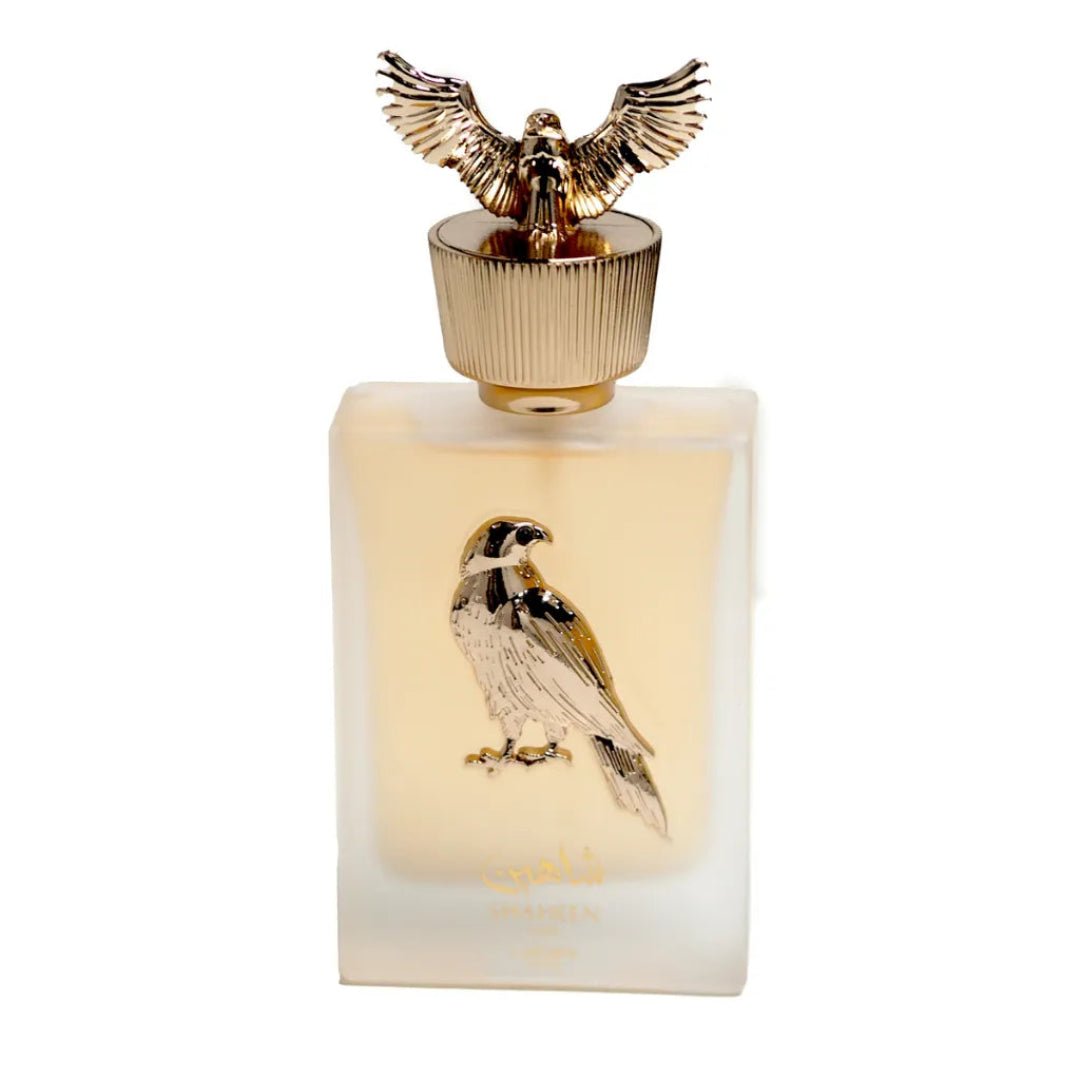 Shaheen Gold Lattafa unisex perfume bottle eagle ornament gold white dark on top