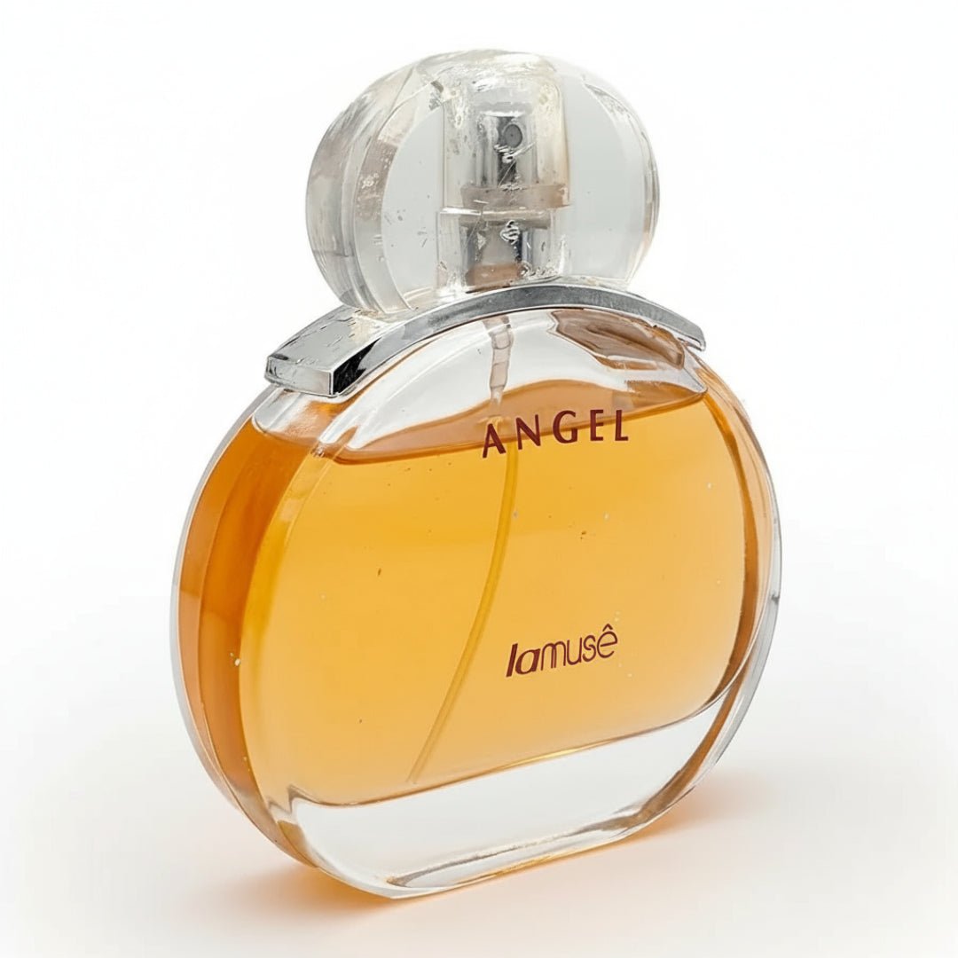 Angel LaMuse Lattafa edp bottle white background closeup side angled view