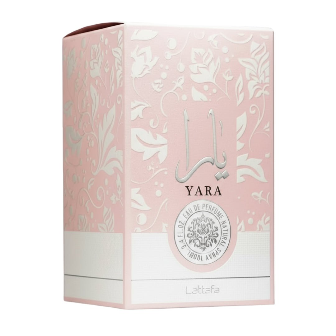 Yara Lattafa pink floral box eau de parfum natural spray women fragrance packaging closeup side